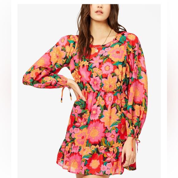 NWT Billabong Heaven Sent Floral Open Back Mini Dress Long Blouson Sleeve S $80 - Picture 1 of 6